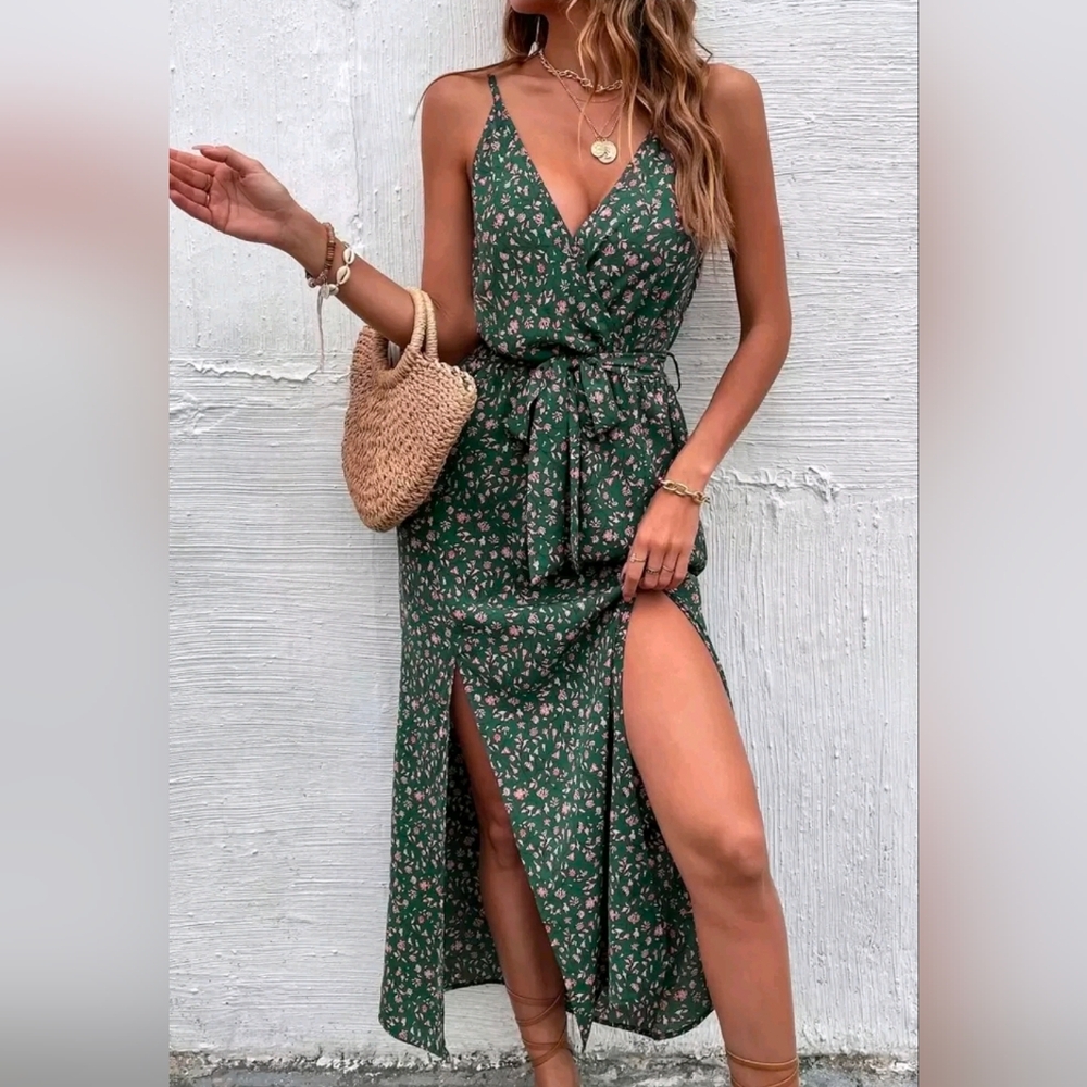 * New Boho Double Split Cami Dress Maxi Floral Dark Green - Picture 2 of 11